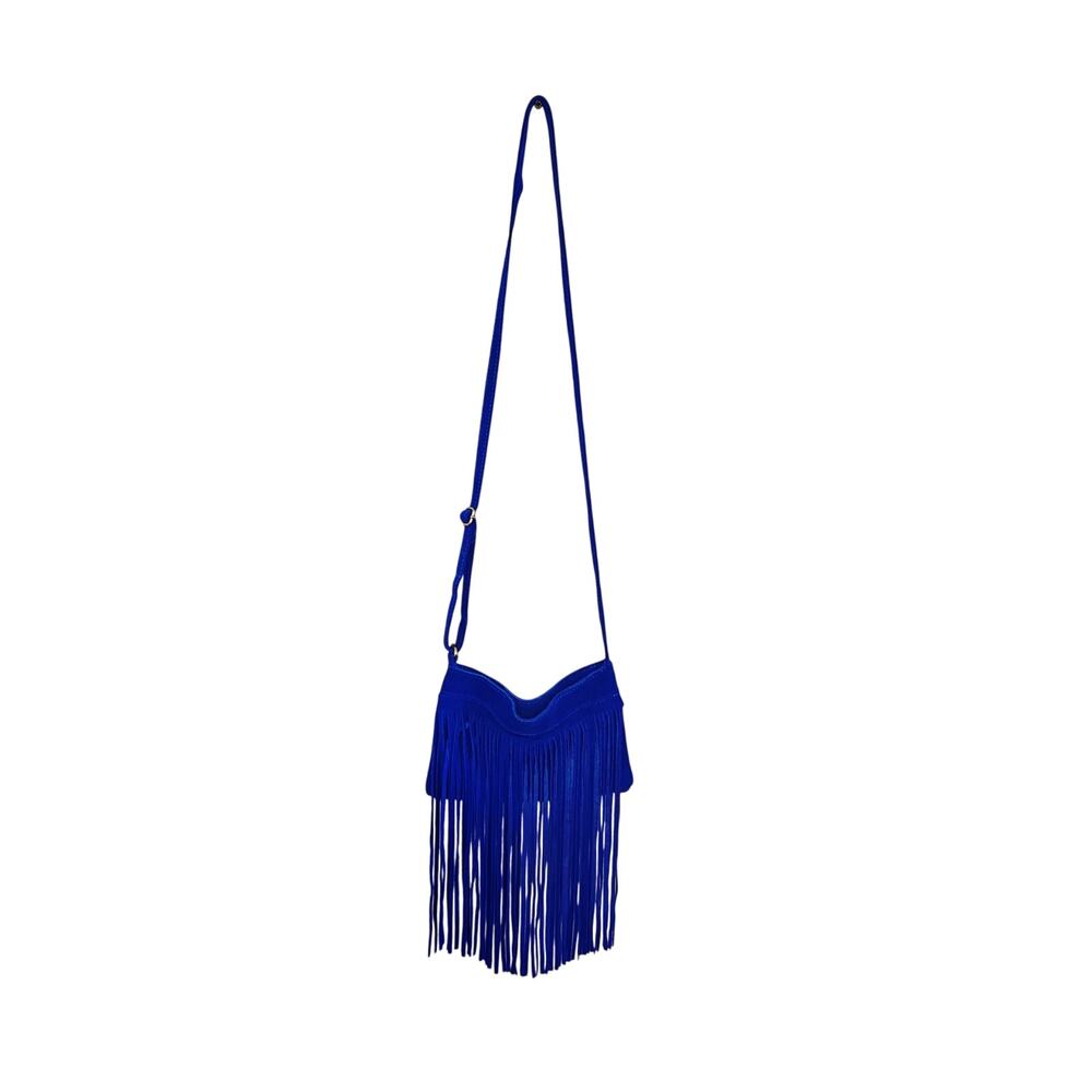 Women’s Blue Leather Fringed Crossbody Purse